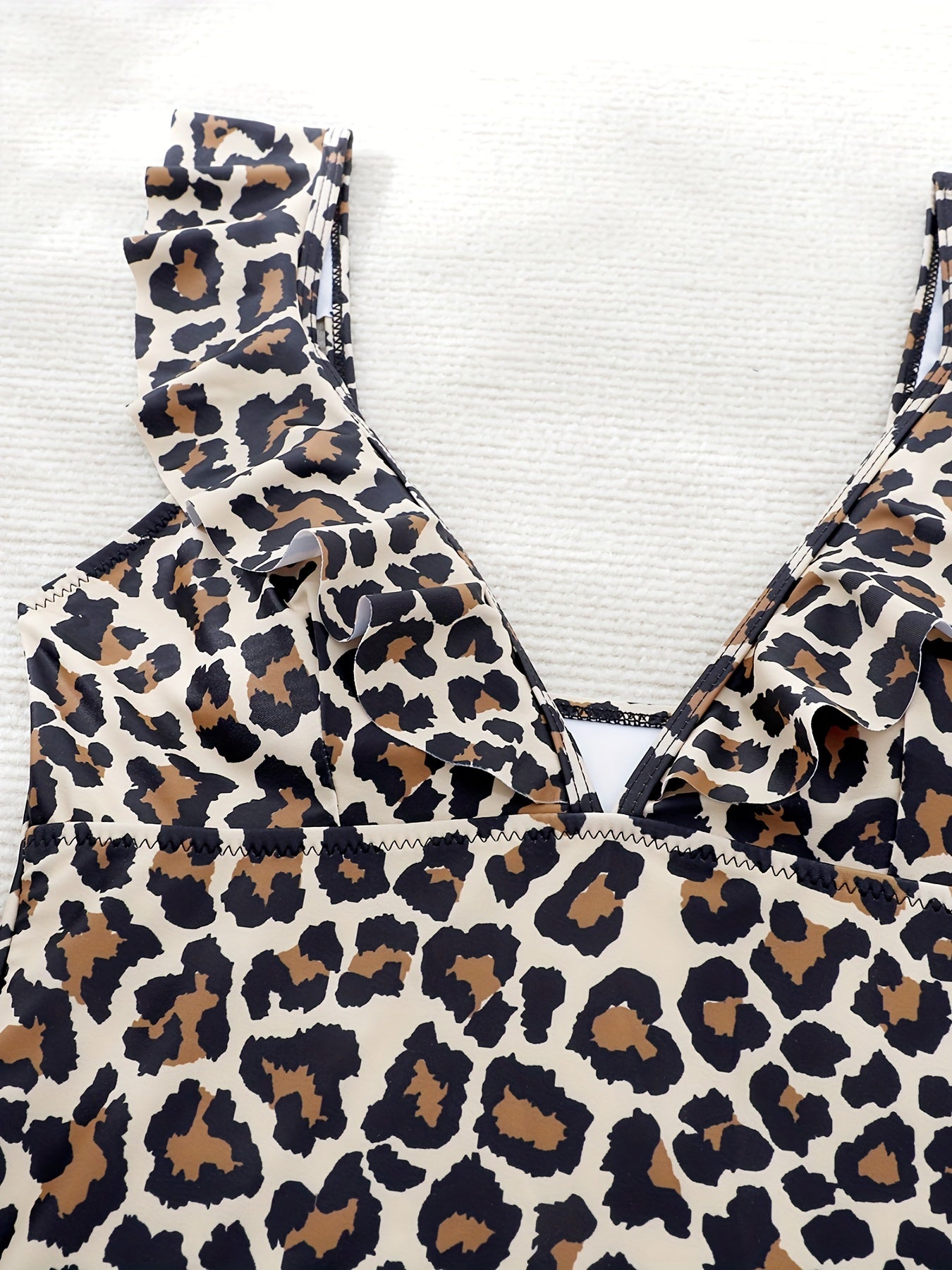 Leopard V Neck Tankini Ruffle Trim High Stretch Two Piece Swimsuit