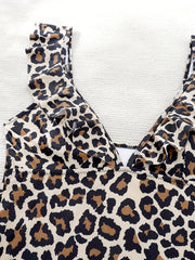 Leopard V Neck Tankini Ruffle Trim High Stretch Two Piece Swimsuit