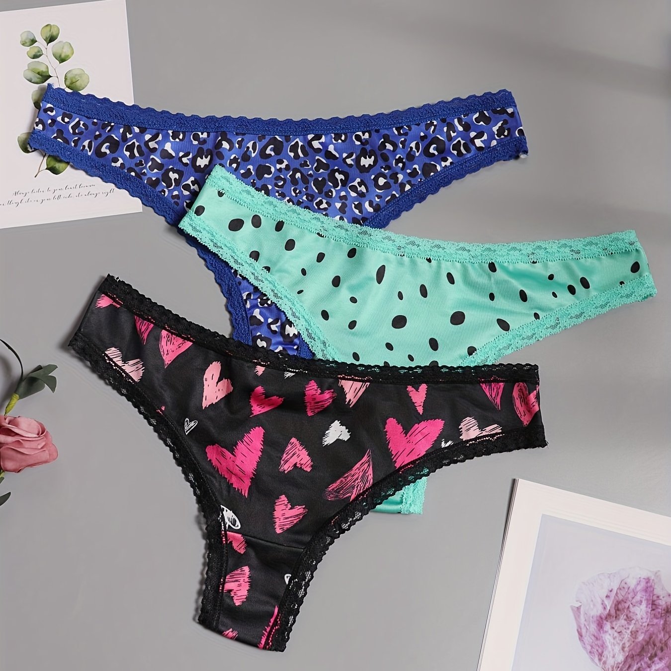3 Pack Plus Size Lace & Leopard Heart Panty Set