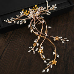 Bridal Hair Comb Rhinestone Flower Headpiece Chain Golden Silver