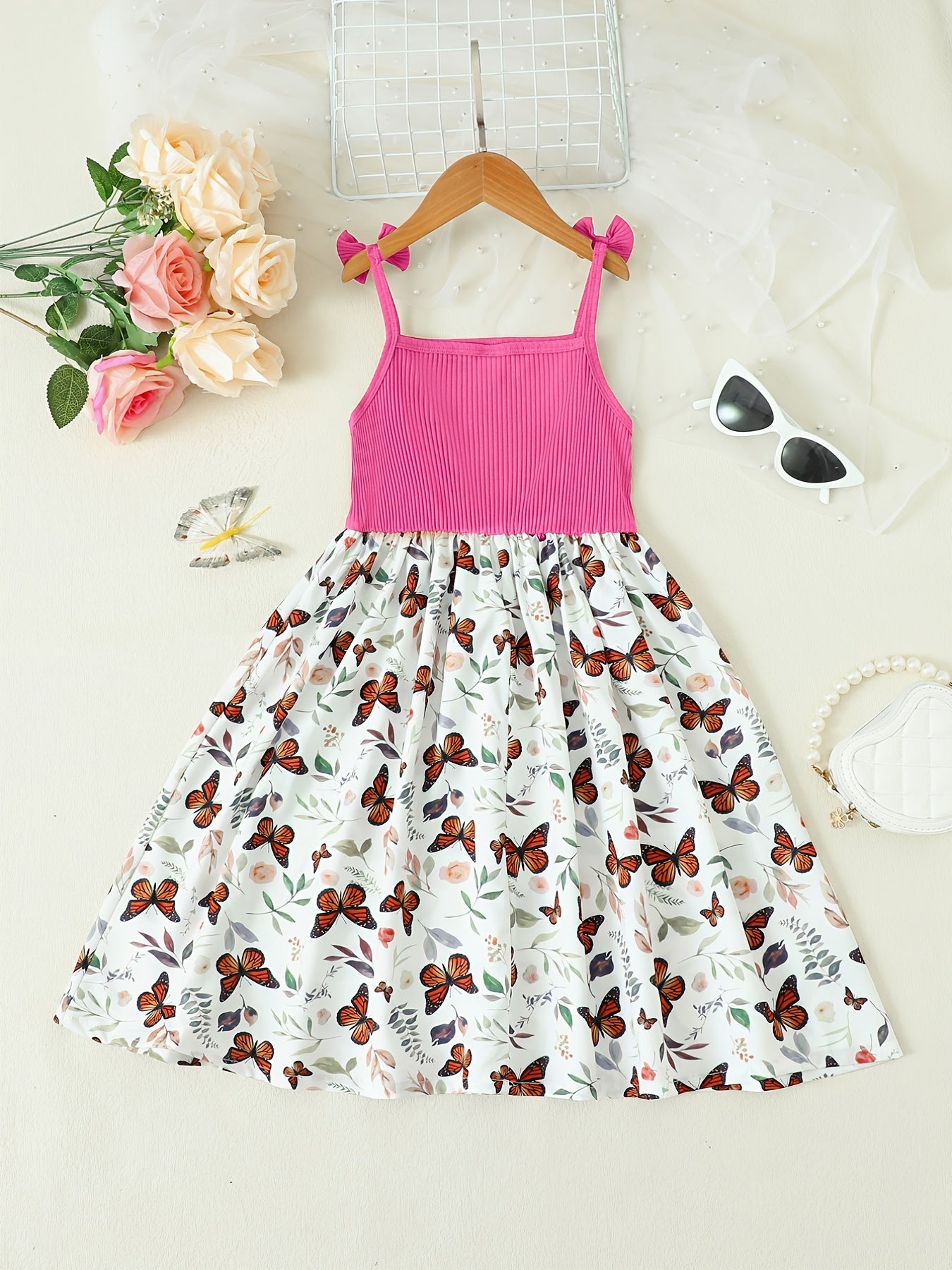 Girls Butterfly Graphic Bow Shoulder Splicing Cami Dress for Party Holiday
