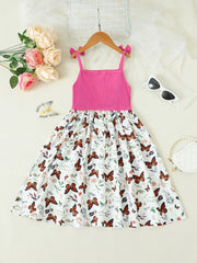Girls Butterfly Graphic Bow Shoulder Splicing Cami Dress for Party Holiday