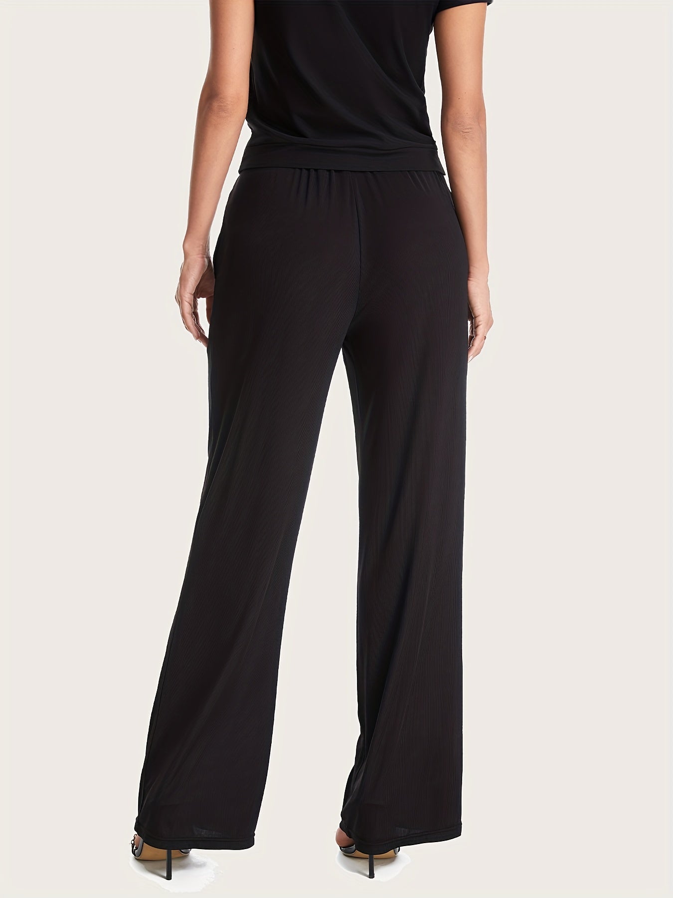 Solid Wide Leg Pants Elastic Waist Loose Fit Casual