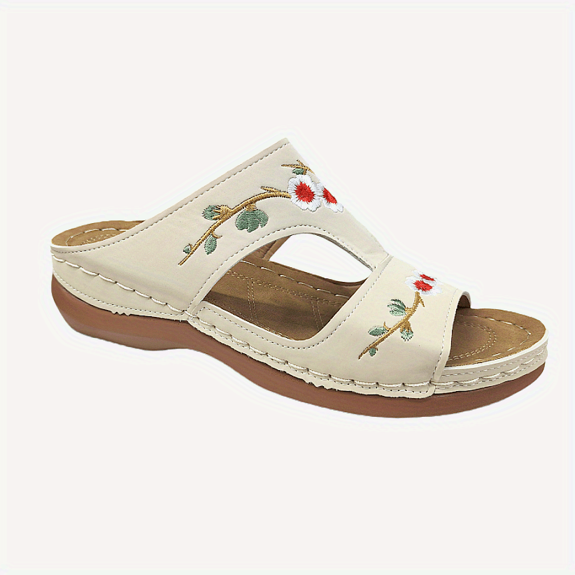 Women's Flower Embroidered Wedge Slippers Open Toe Non Slip Beach Slides