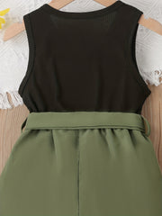 Girls Ribbed Sleeveless Romper Jumpsuit with Belt