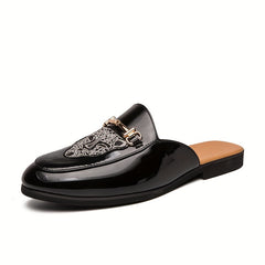 Leopard Embroidered Flat Mules with Metal Buckle, Anti-skid Slides Shoes