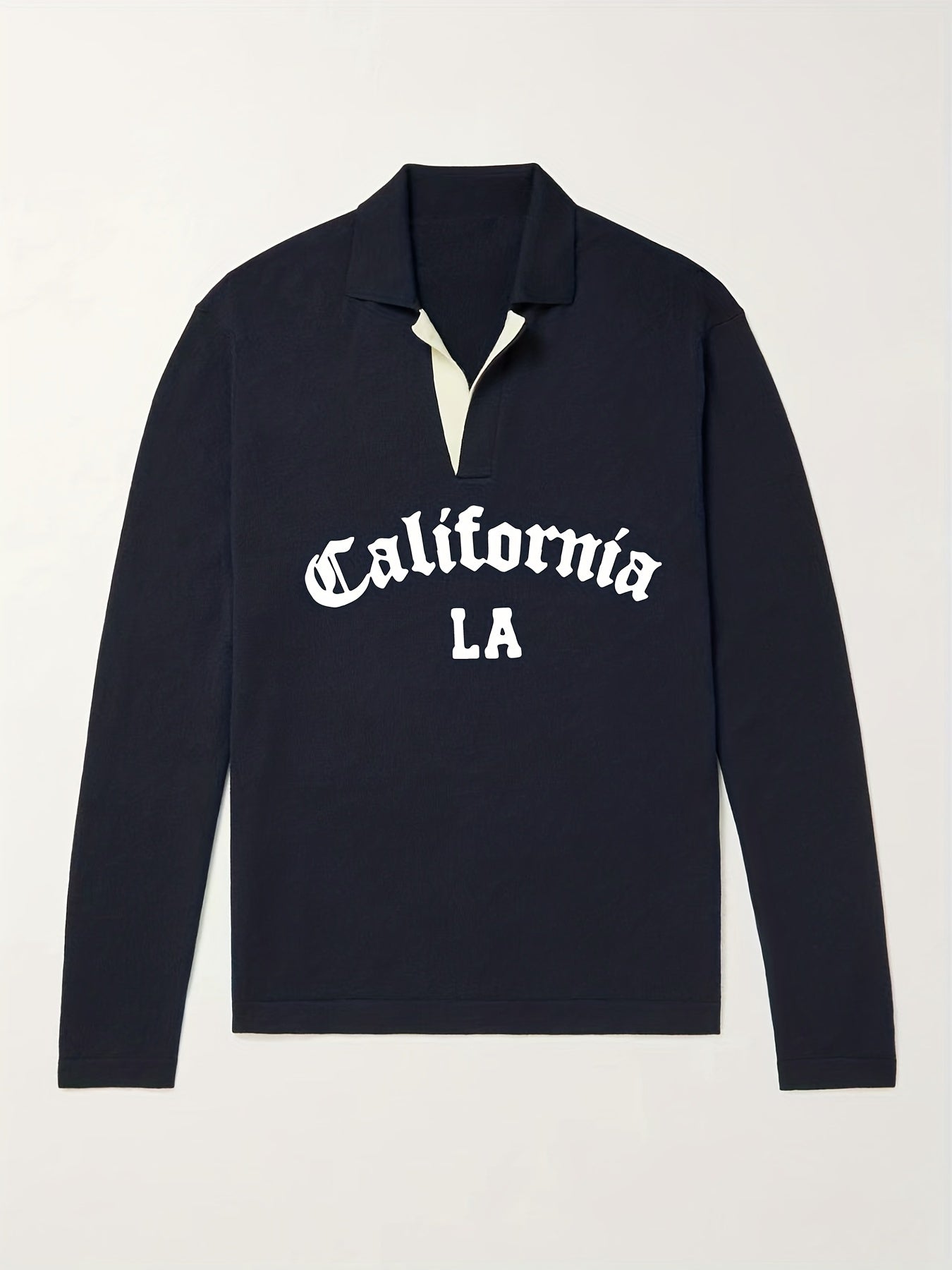 California LA City Print Knit Polo Shirt Men's Stretch V Neck Sweater