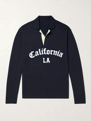 California LA City Print Knit Polo Shirt Men's Stretch V Neck Sweater