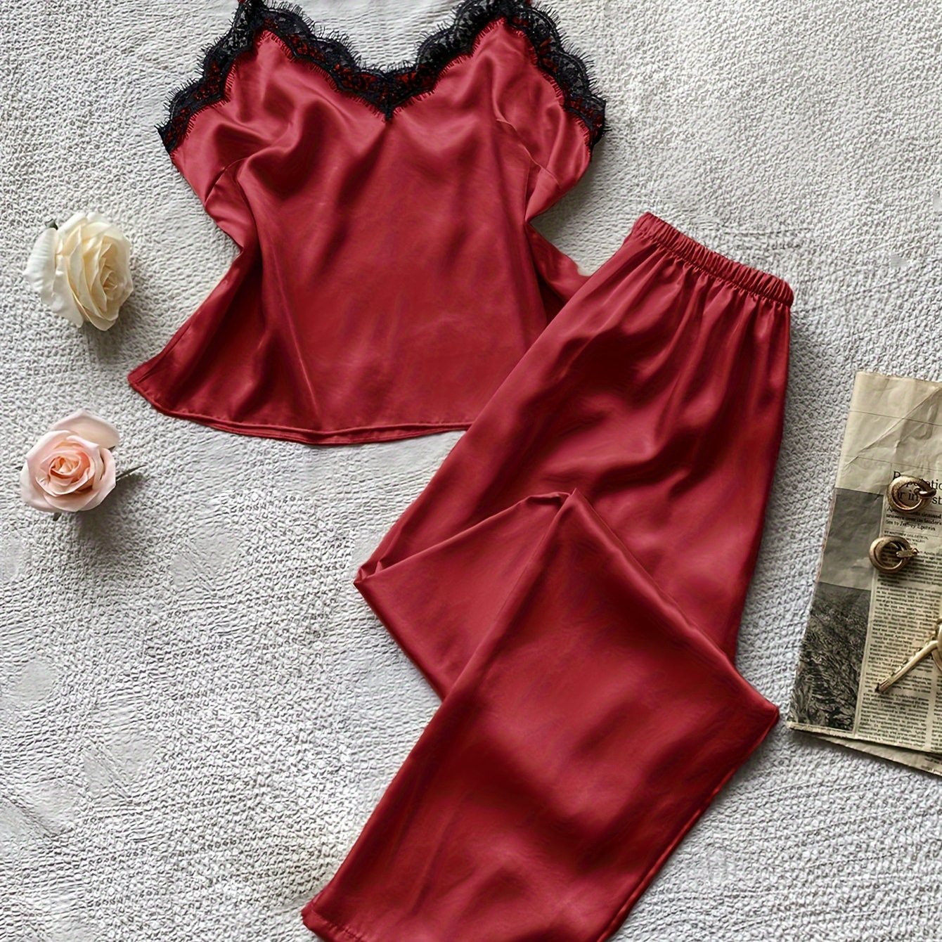Lace Trim Pajama Set V Neck Cami Top & Pants Women's Sleepwear