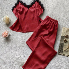 Lace Trim Pajama Set V Neck Cami Top & Pants Women's Sleepwear