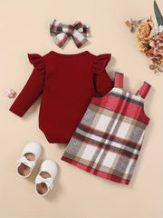 Baby Girls Cotton Ribbed Flutter Sleeve Bodysuit Plaid Suspender Skirt Set