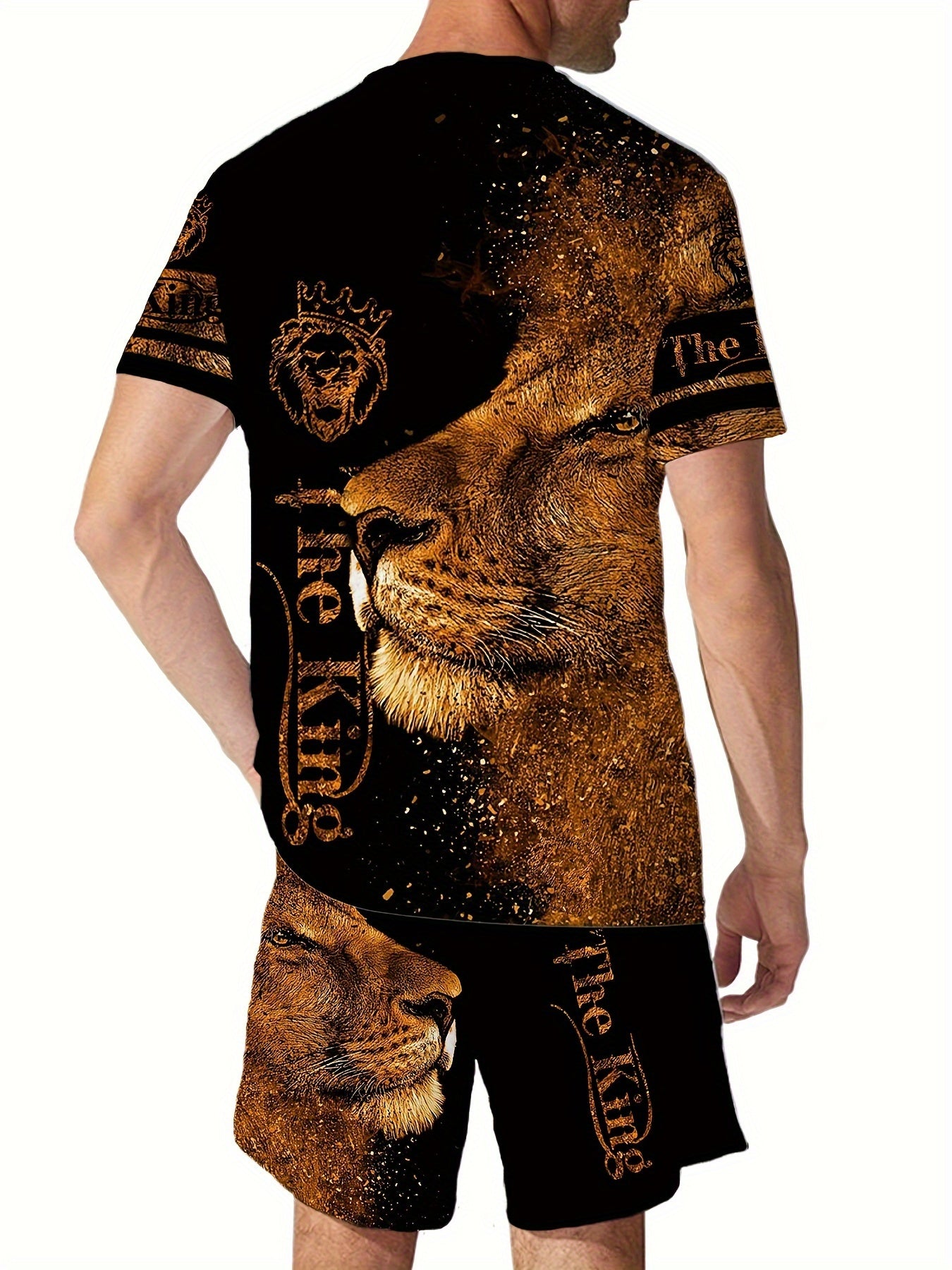 Lion 3d Pattern Mens 2 Piece Outfits Short Sleeve T shirt And Shorts Set