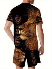 Lion 3d Pattern Mens 2 Piece Outfits Short Sleeve T shirt And Shorts Set