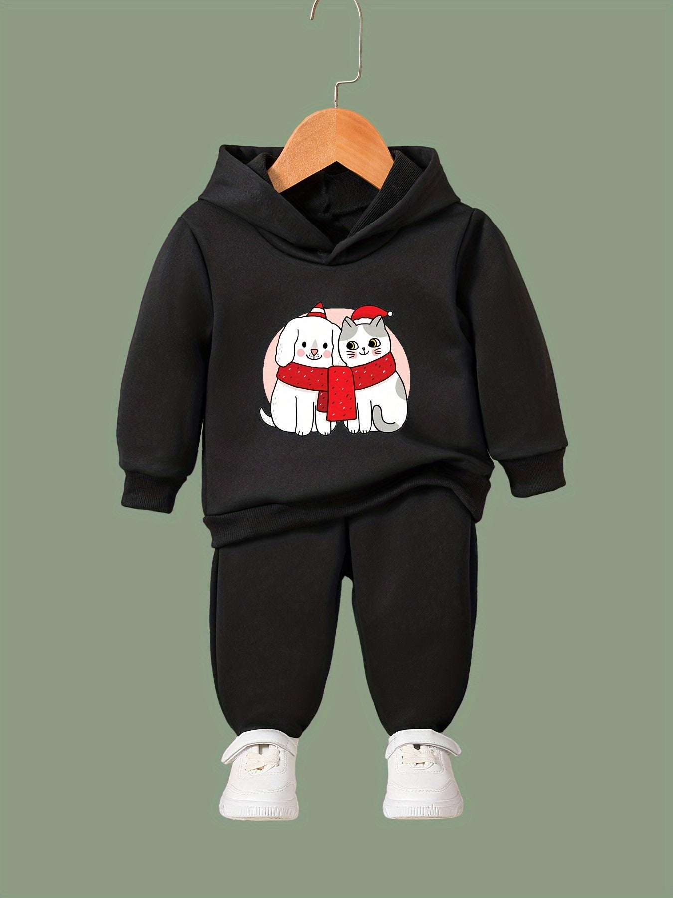 Lovely Puppy & Kitty Print Hoodies Jogger Set for Girls