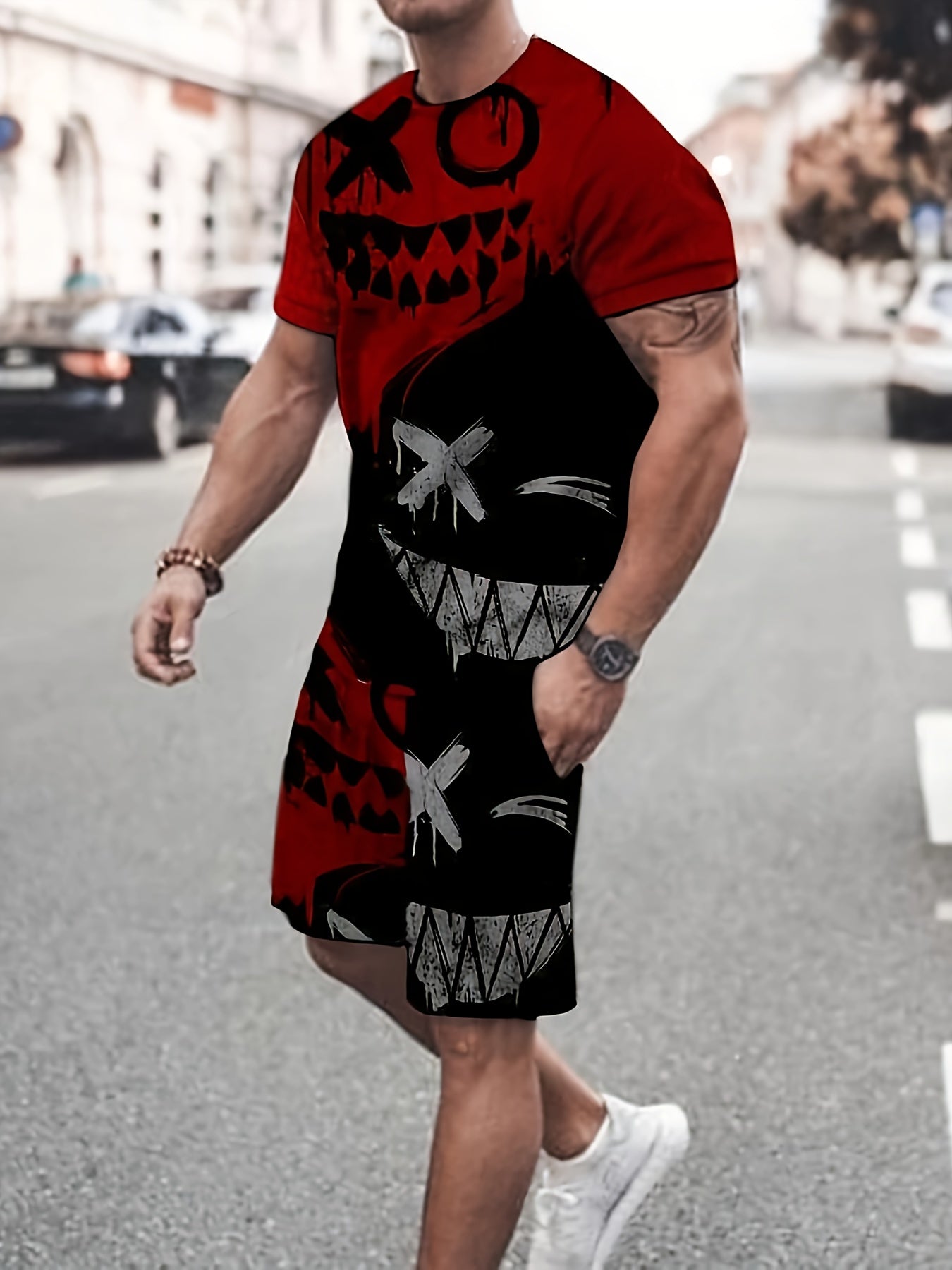 Men's Grimace Print T-shirt & Active Shorts Set for Summer Sports