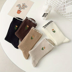 5 Pairs Floral Print Socks with Scallop Trim for Women