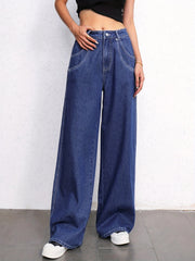 Double Pocket Detail Wide Leg Mopping Jeans Mid Rise Washed Patch