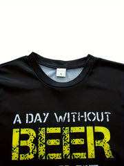 Men's Letter Print Sports T shirt Casual Stretch Round Neck Tee Shirt