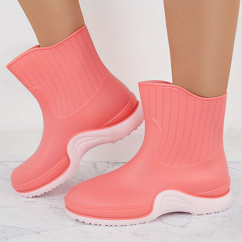Women's Waterproof Ribbed Rain Boots Non Slip Mid Calf