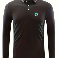 Men's Geo Print Polo Shirt Stretch Breathable Lapel Long Sleeve