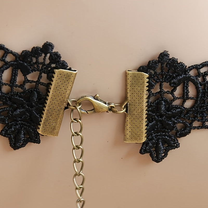 Dark Vintage Party Lace Choker Necklace with Rose Flower Pendant