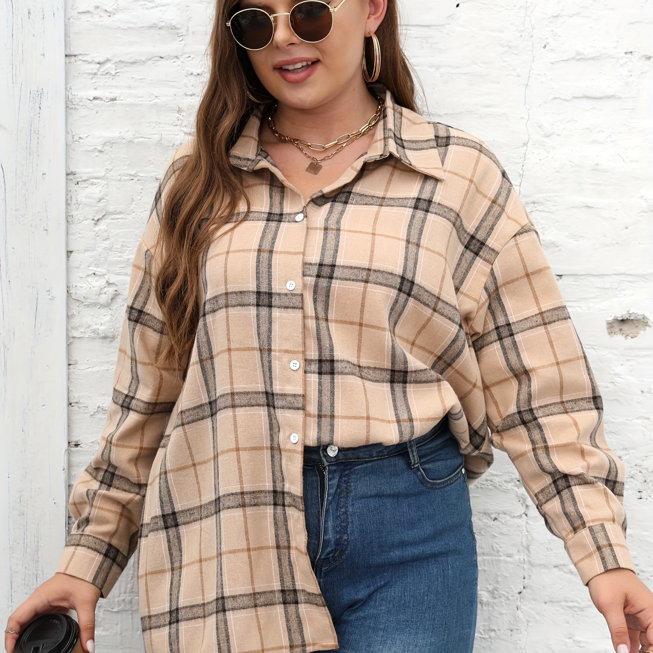 Women's Plus Plaid Print Long Sleeve Button Up Shirt