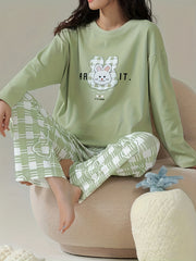 Bunny Print Pajama Set Long Sleeve Top & Plaid Pants