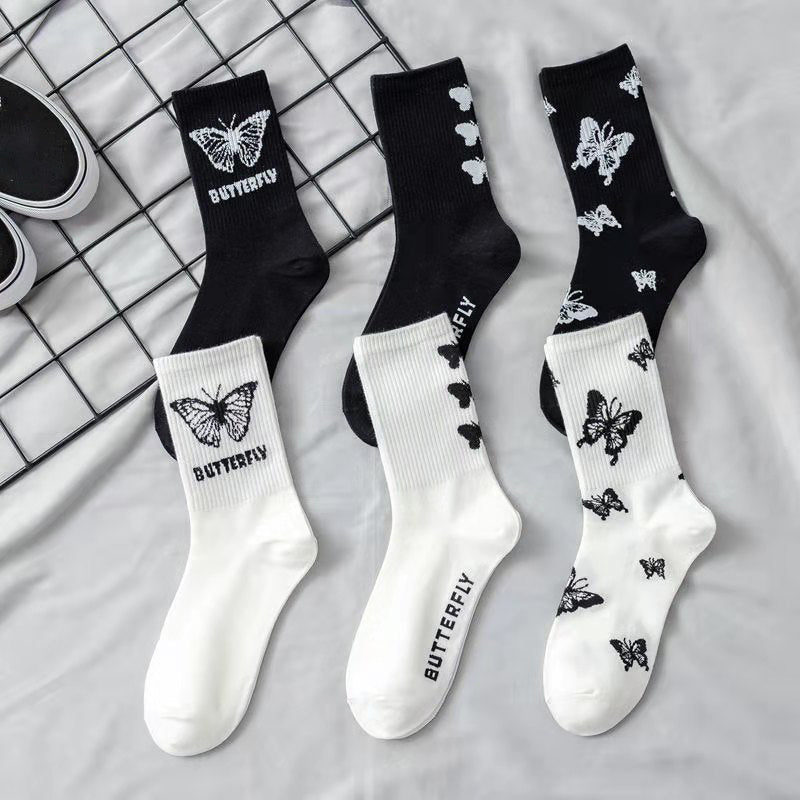 6 Pairs Butterfly Print Mid Tube Socks Women's Stockings