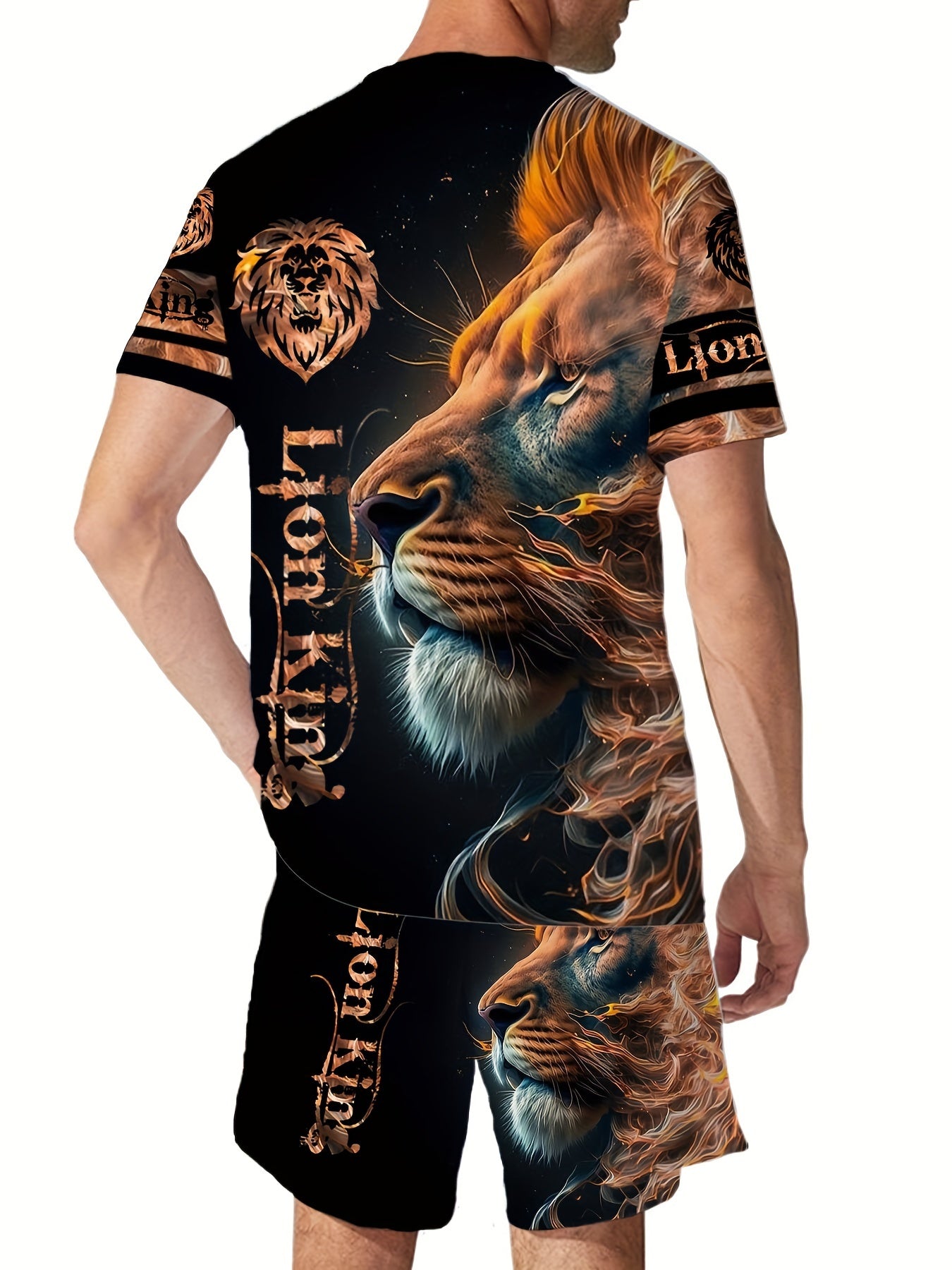 Lion 3d Pattern Men's 2 Piece Outfits Short Sleeve T-shirt And Shorts Set