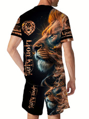 Lion 3d Pattern Men's 2 Piece Outfits Short Sleeve T-shirt And Shorts Set