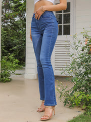 High Rise Flare Leg Jeans Whiskering Button Flap Pocket Denim Bootcut Pants