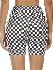 Sporty Plus Size Shorts for Women, Checkerboard High Rise Biker Shorts