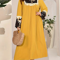 Boho Abaya Dress Women's Plus Floral Print Sequin Tassel Decor