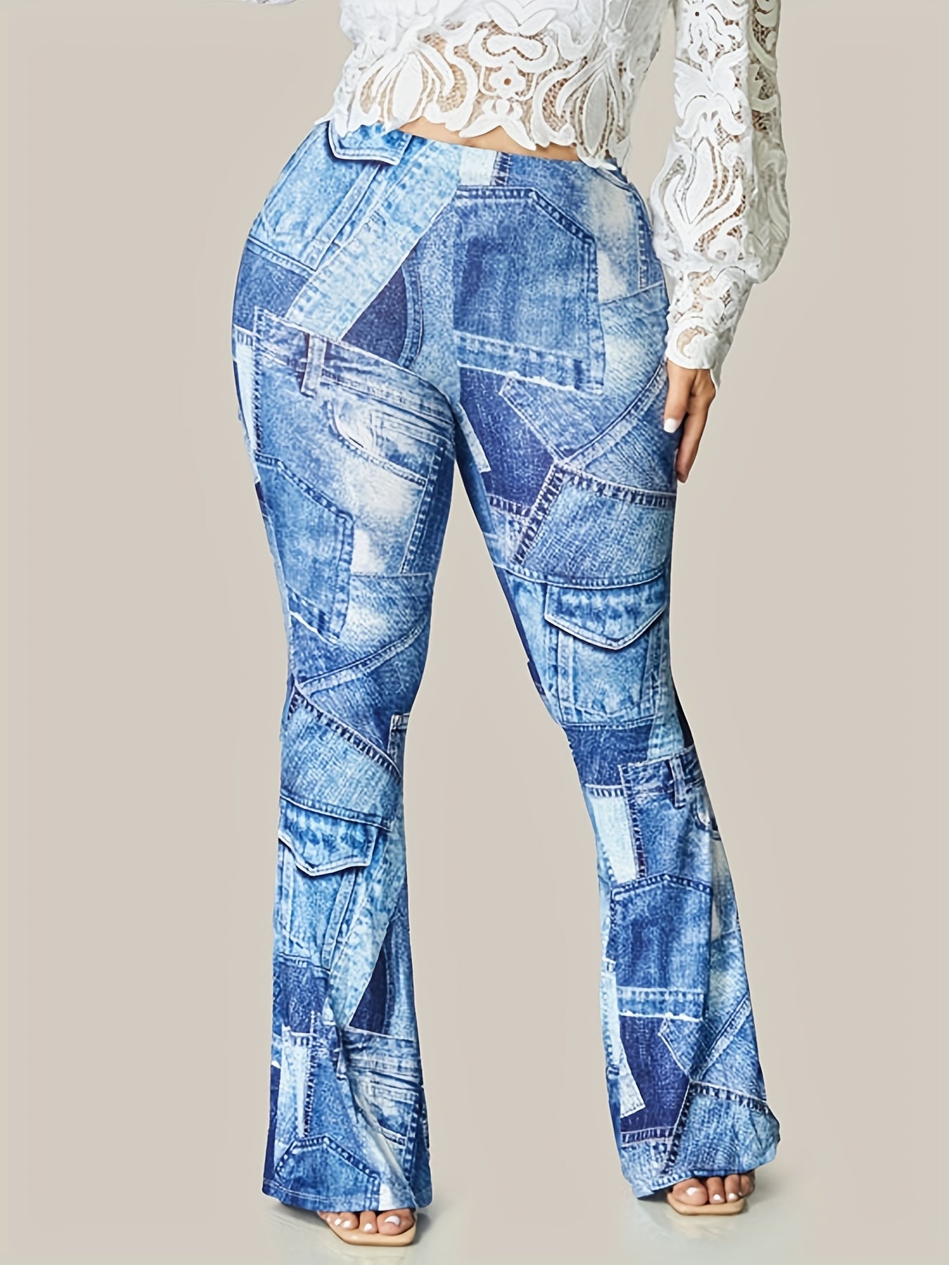 Women's Denim Print Flared Leg Pants