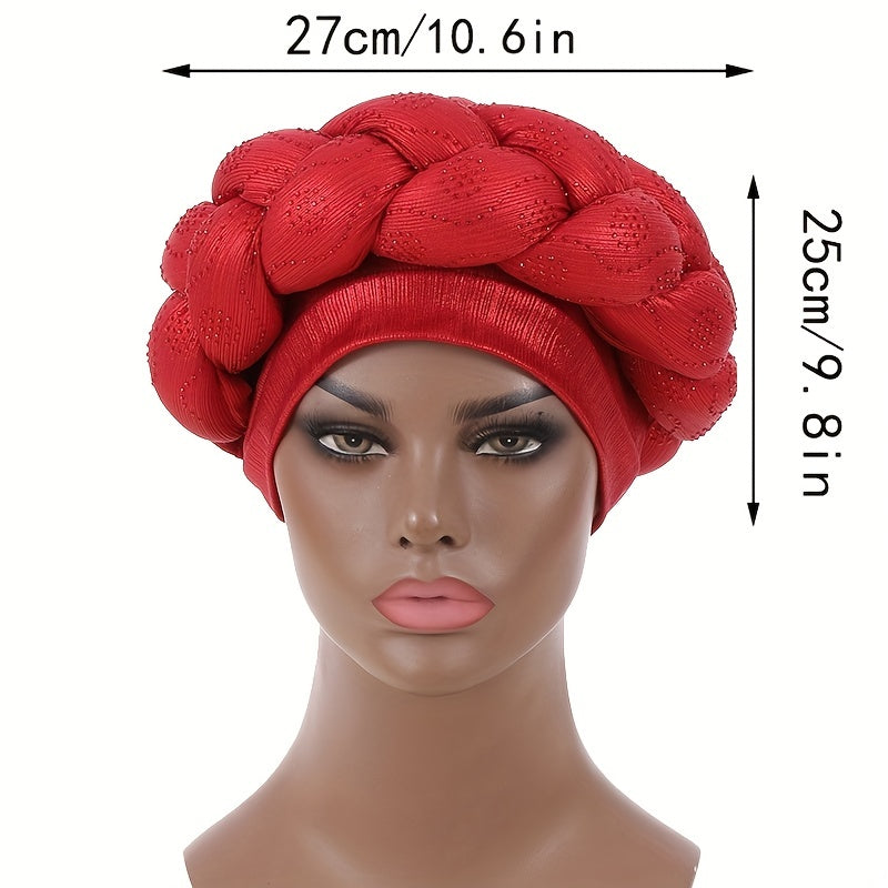 Red Twist Braided Turban Cap Rhinestone Decor Big Head Wrap Hijab Hats
