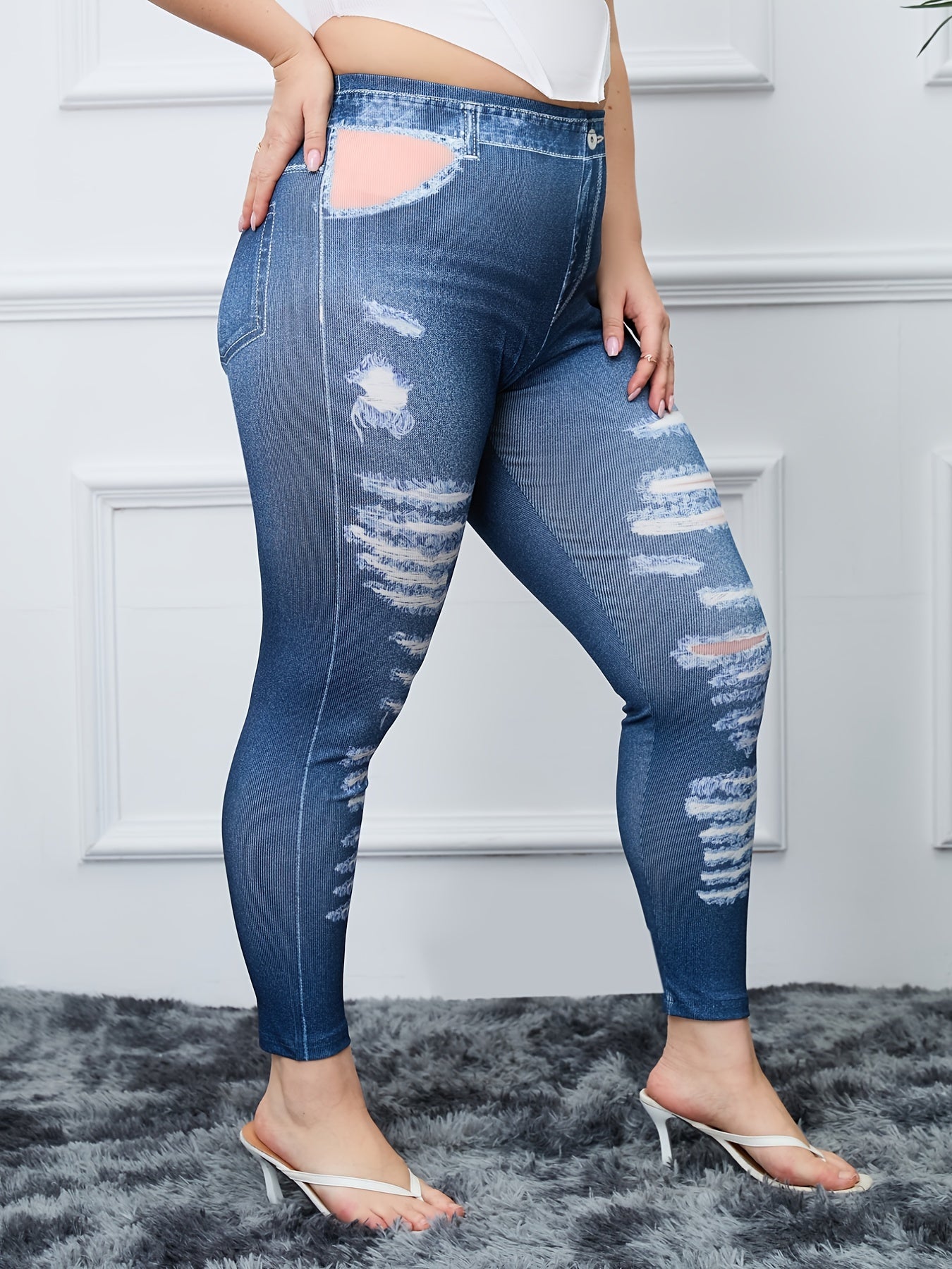 Button & Ripped Denim Print High Rise Skinny Leggings