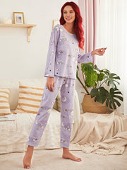 Cartoon Print Pajamas Set Long Sleeve Top & Pants Women's Sleepwear