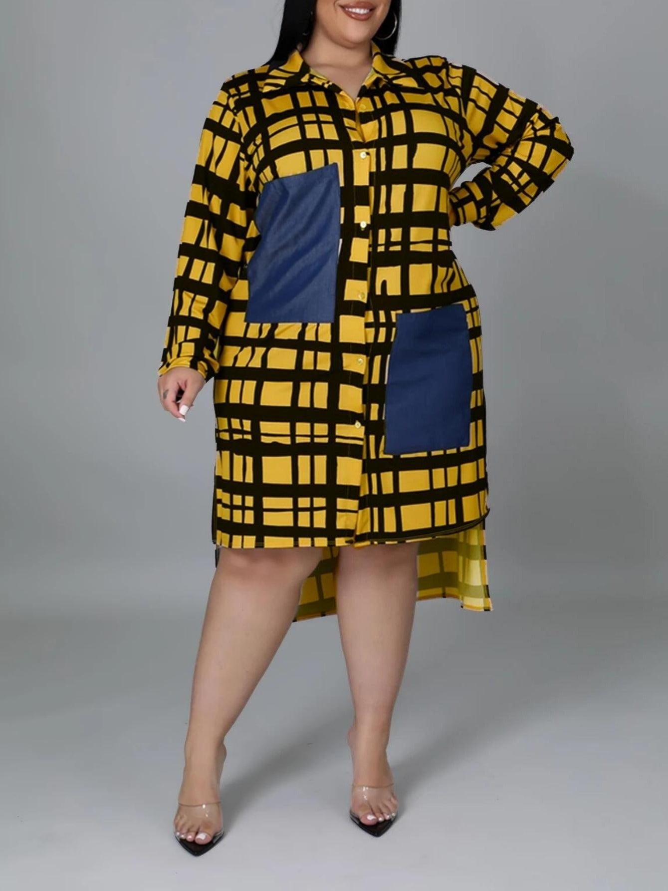 Plaid Button Shirt Dress With Pocket