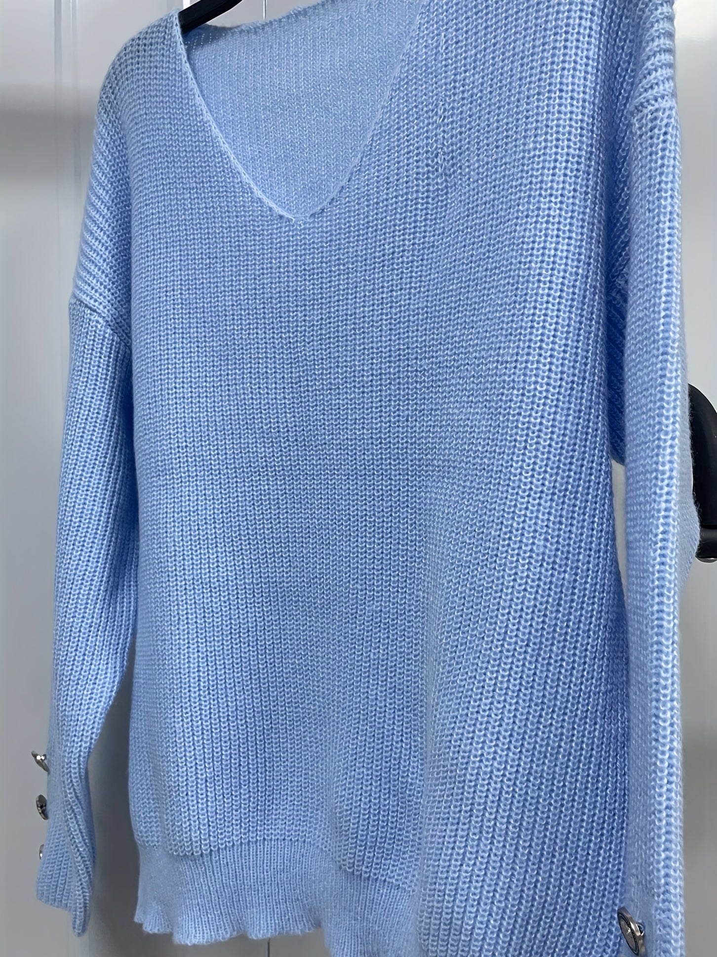 Casual V Neck Sweater - Button Decor Long Sleeve Jumper