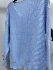 Casual V Neck Sweater - Button Decor Long Sleeve Jumper
