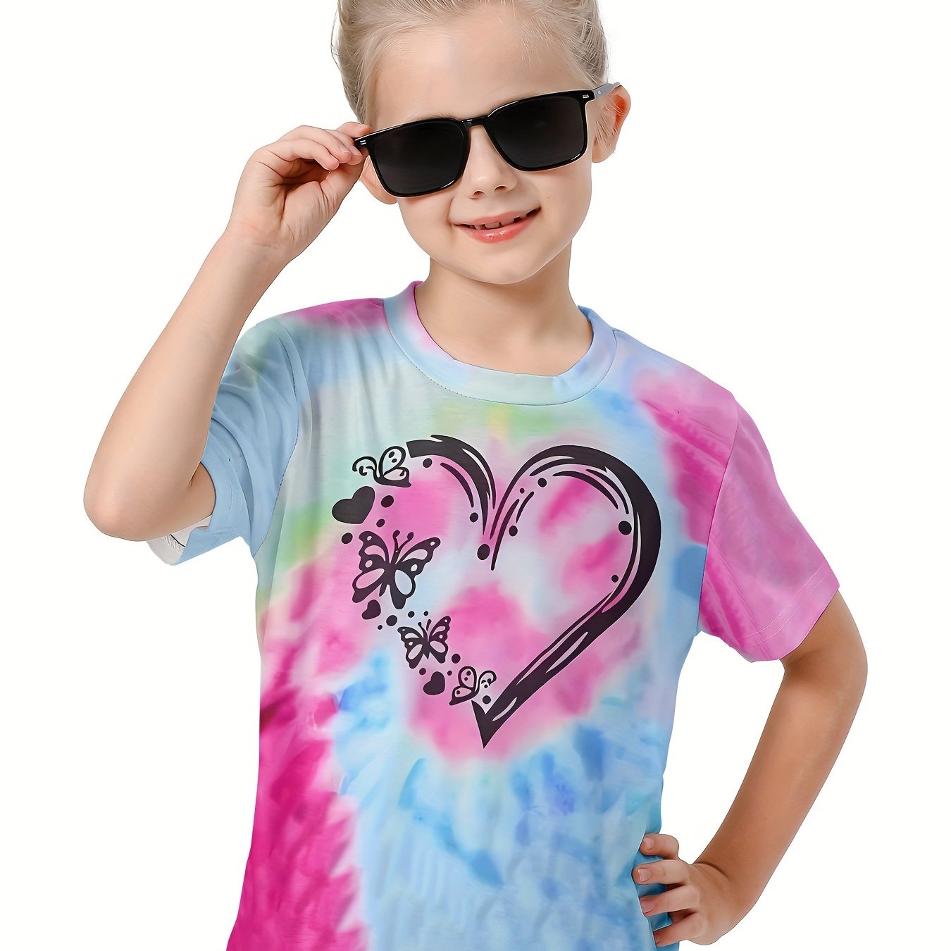 Casual Tie Dye Heart Print Short Sleeve T-shirt Girls Boys Summer Tees