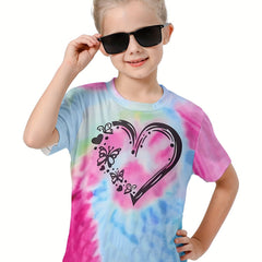 Casual Tie Dye Heart Print Short Sleeve T-shirt Girls Boys Summer Tees