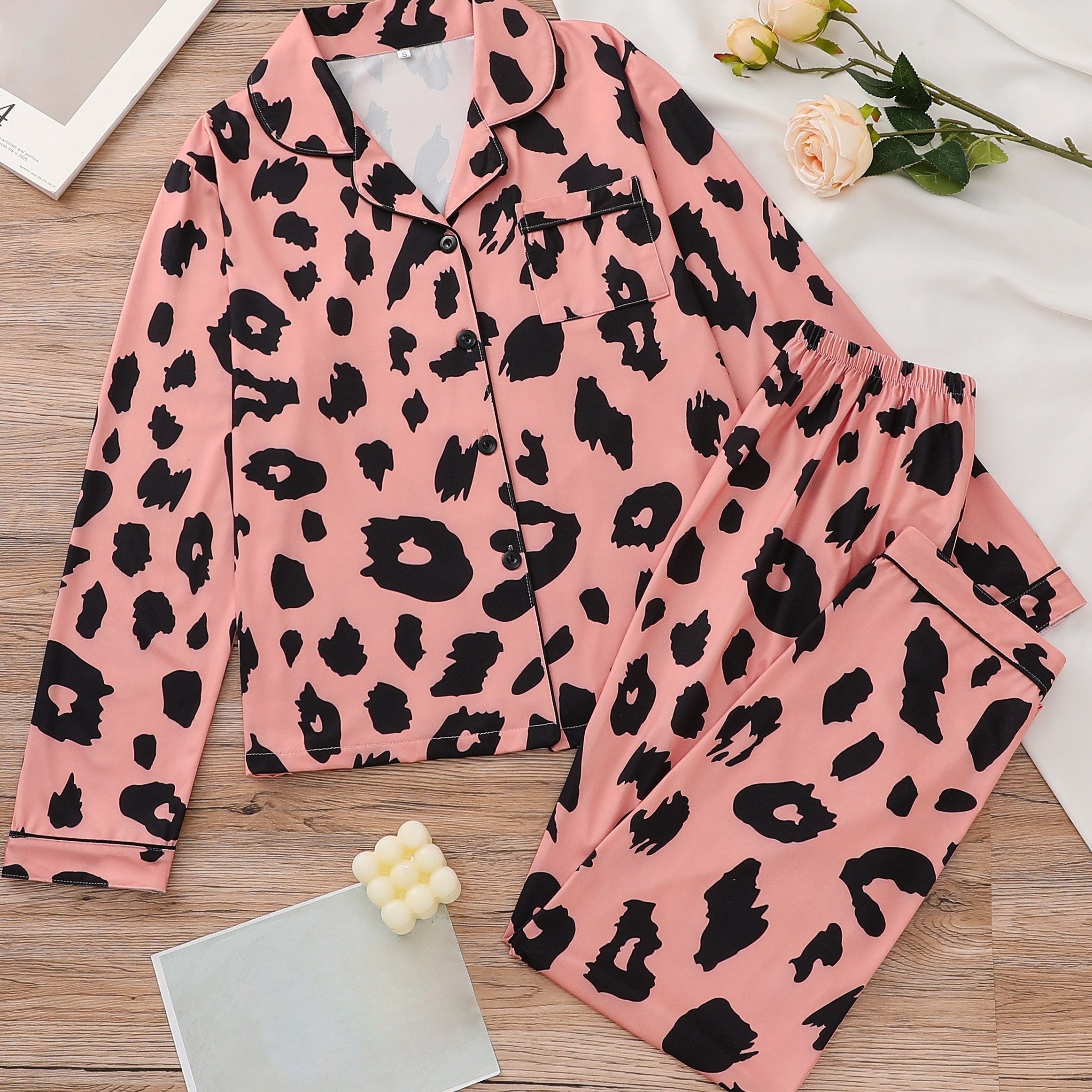 Leopard Print Pajama Set Long Sleeve Top & Pants Women's Sleepwear