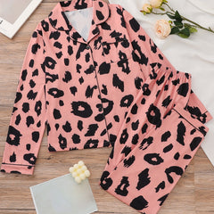 Leopard Print Pajama Set Long Sleeve Top & Pants Women's Sleepwear