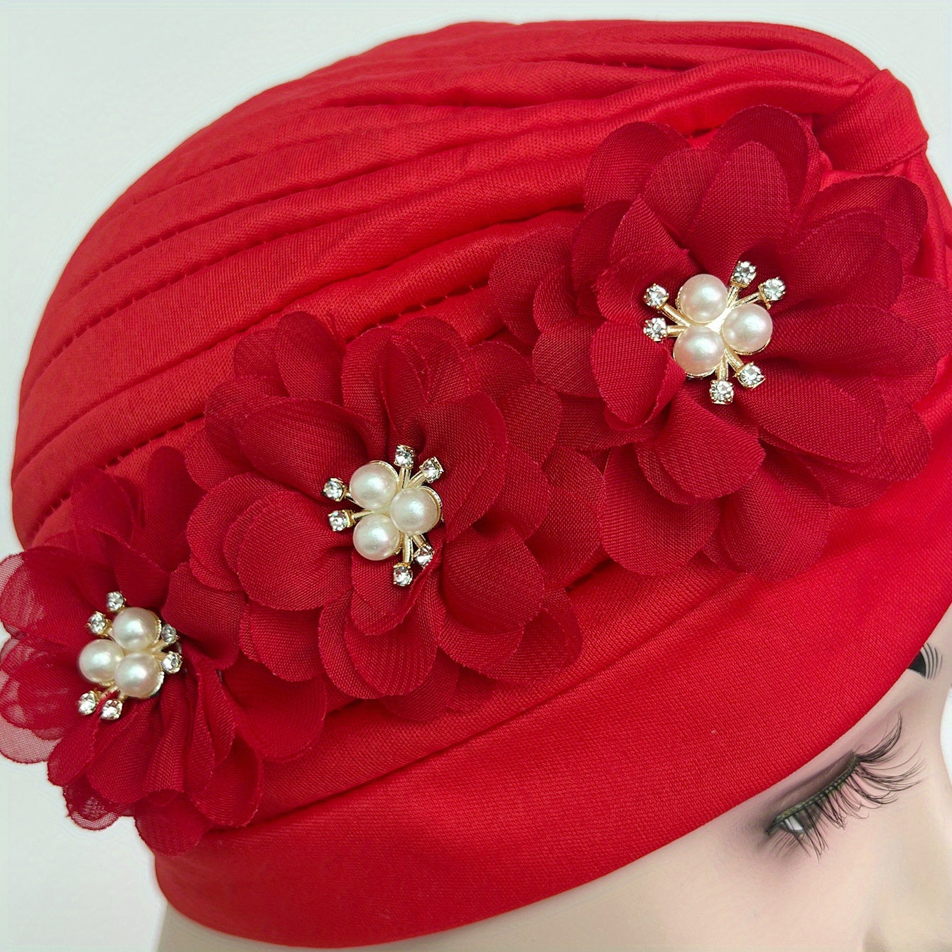 Pleated Turban Cap Faux Pearl Flower Decor Head Wrap Elastic Beanie