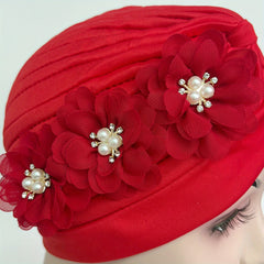Pleated Turban Cap Faux Pearl Flower Decor Head Wrap Elastic Beanie