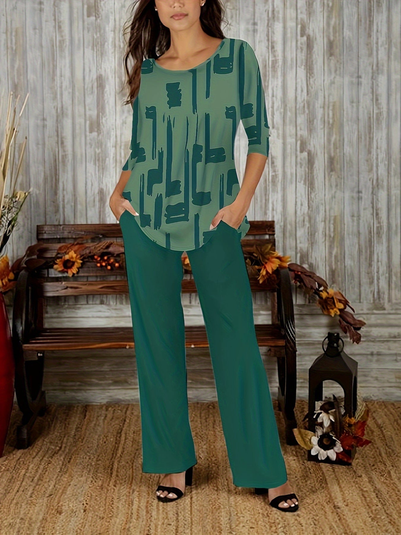 Women's Plus Brush Print Top & Pants Set