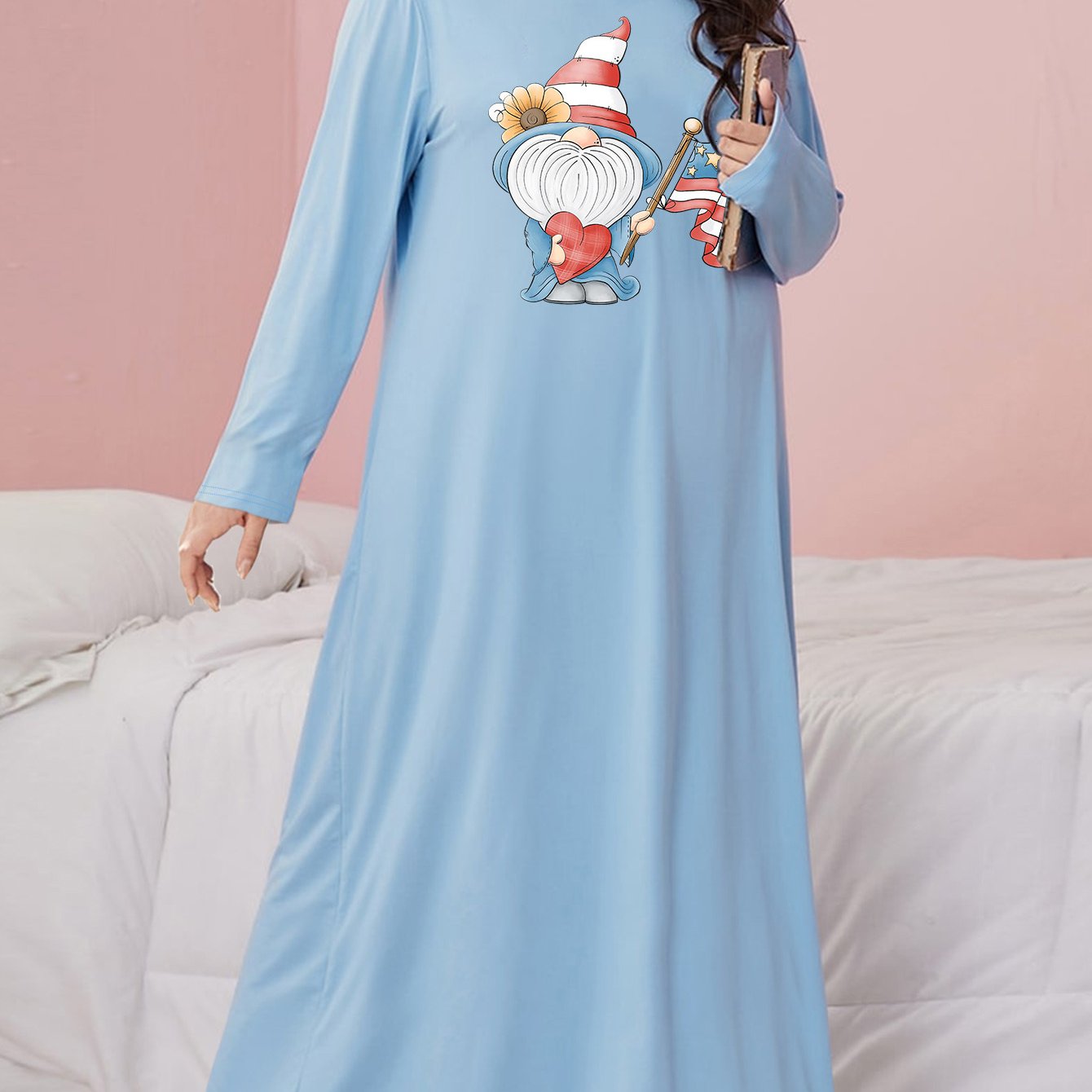 Sunflower Gnome Print Nightdress Long Sleeve Round Neck Sleep Dress