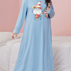 Sunflower Gnome Print Nightdress Long Sleeve Round Neck Sleep Dress