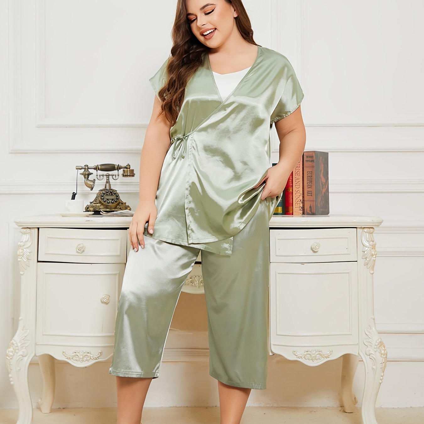 Short Sleeve Wrap Neck Top & Pants Pajama Set